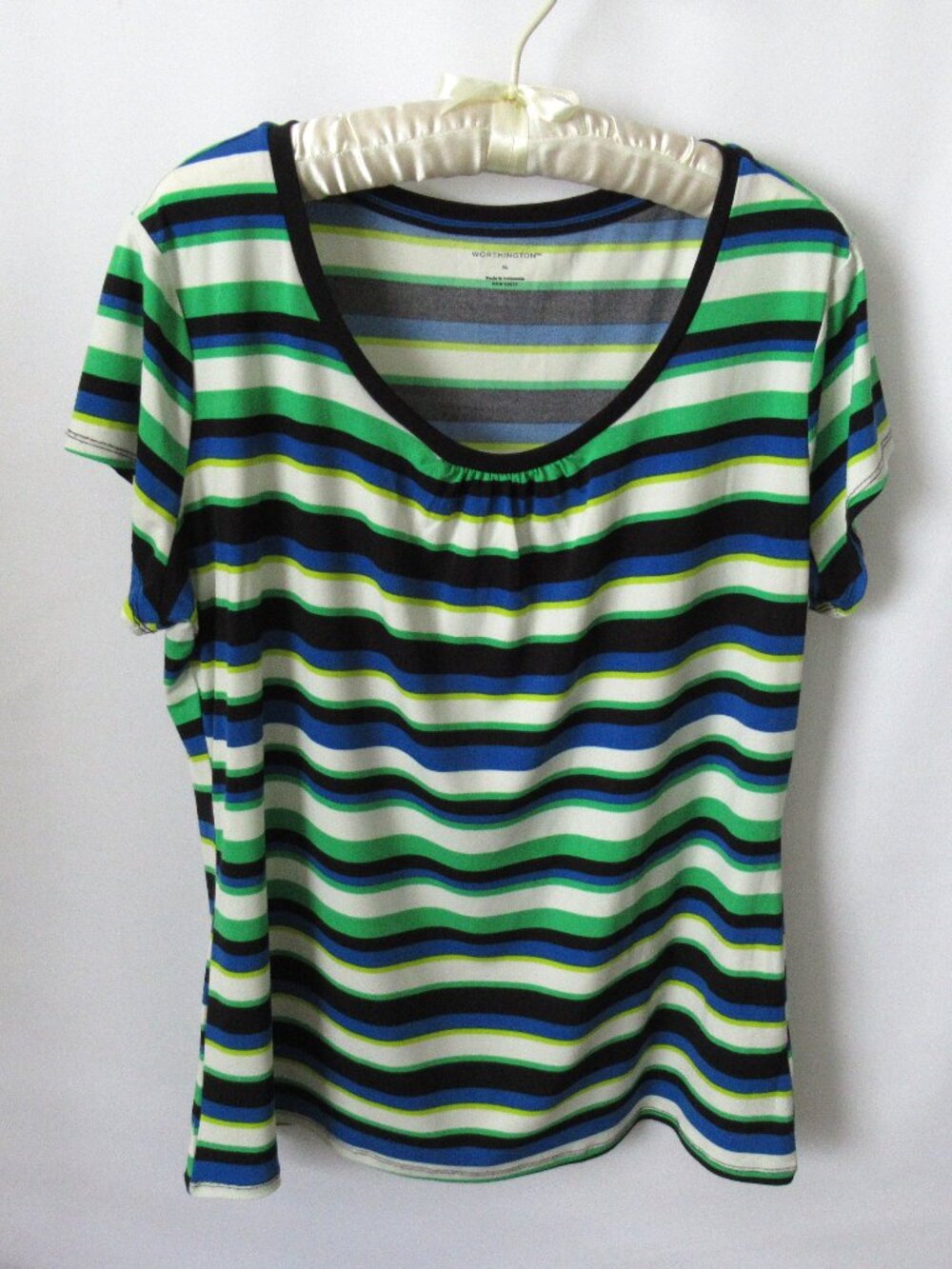 Worthington black green striped scoop neck short sleeve stretch tee *Sz XL*